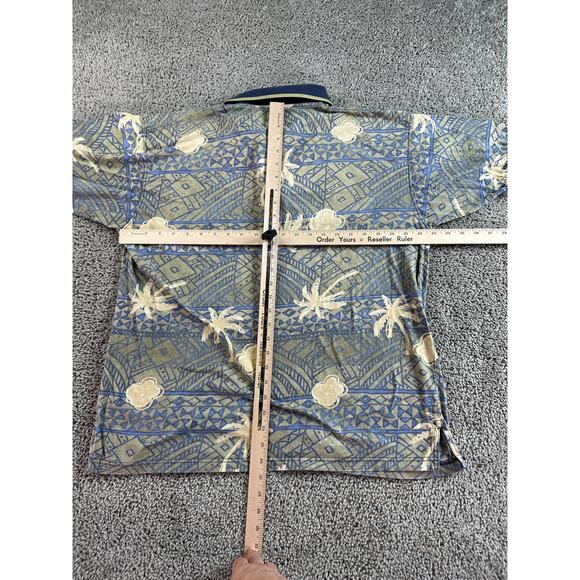 VINTAGE Hibiscus Hawaiian Shirt Mens Large Green Blue Floral Aztec Polo FLAW - Picture 9 of 12